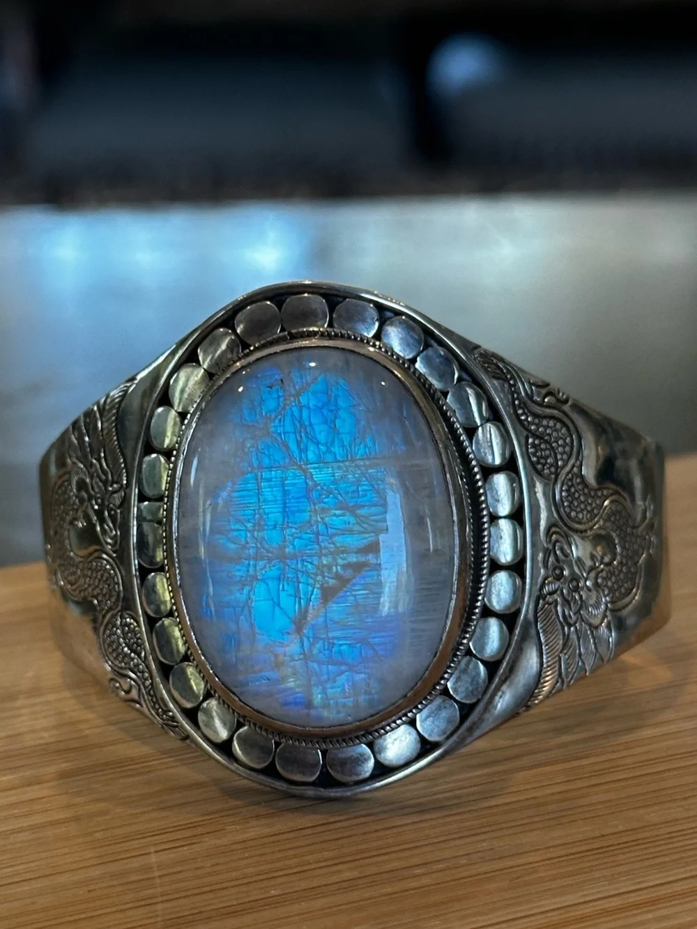 Handmade Rainbow Moonstone Sterling Silver Dragon Cuff Bracelet- Gypsy Jewel